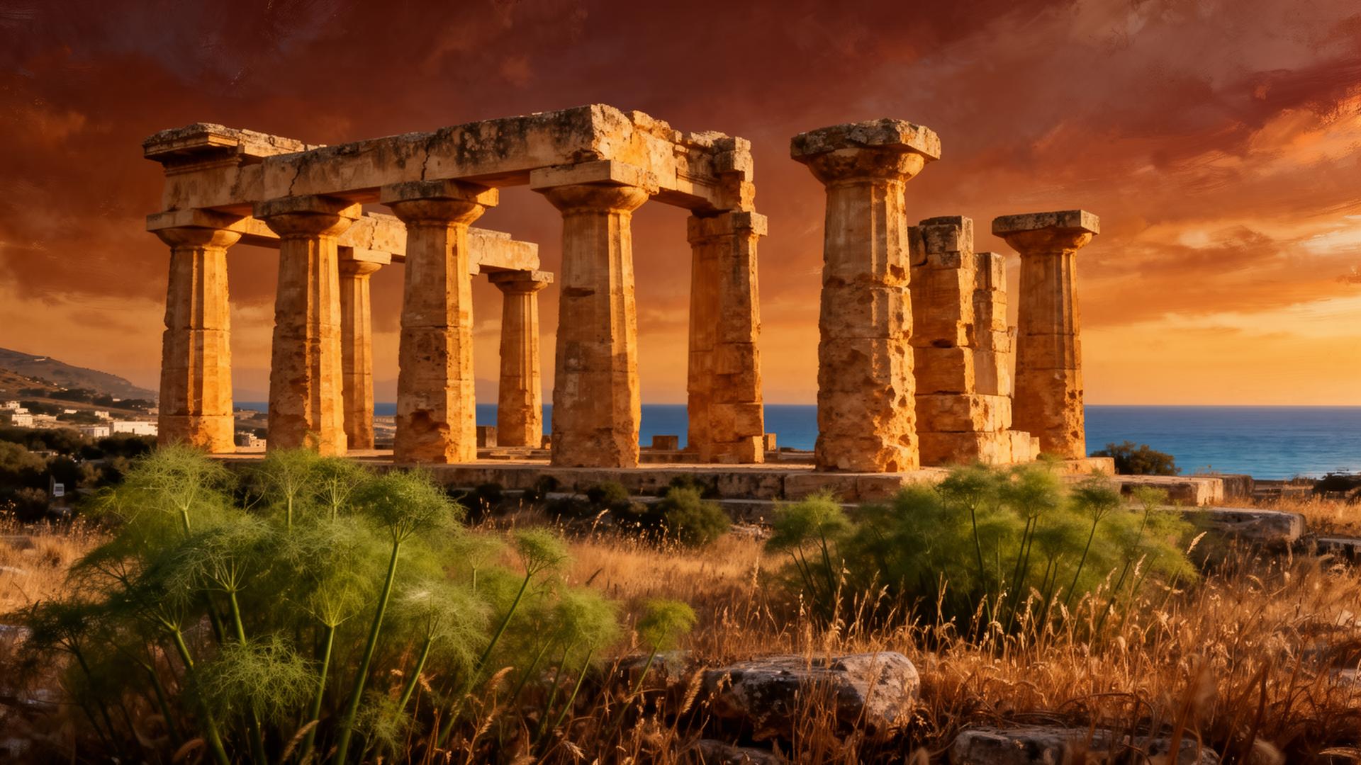 Ancient Doric temple ruins of Selinunte at golden hour with the Mediterranean sea in the distance